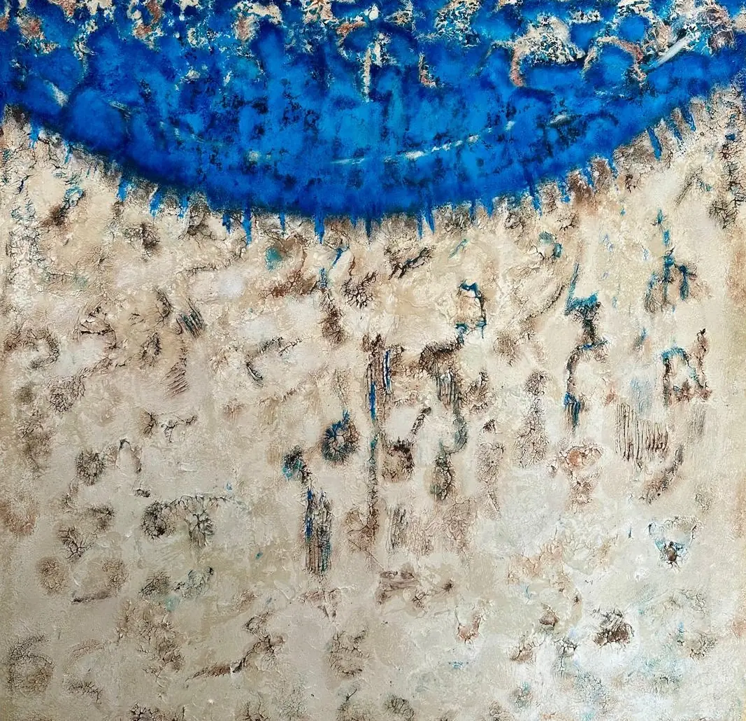 Painting by Alain Trocher: a deep blue band over a pale, textured field